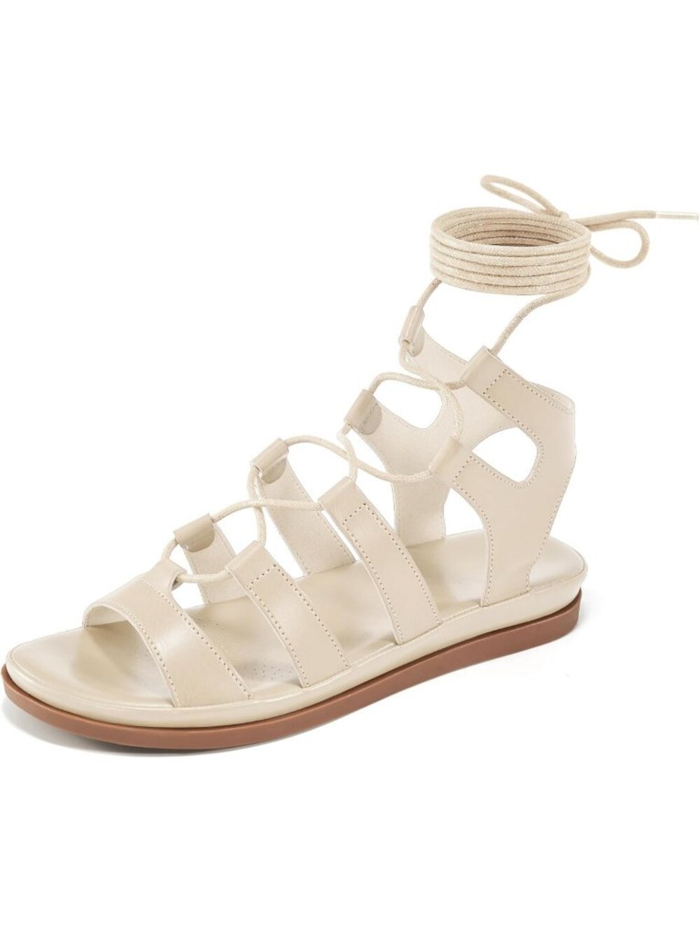 Women's Beige Comfortable Strappy Cross Lace Up Gladiator Flat Sandal Shoes